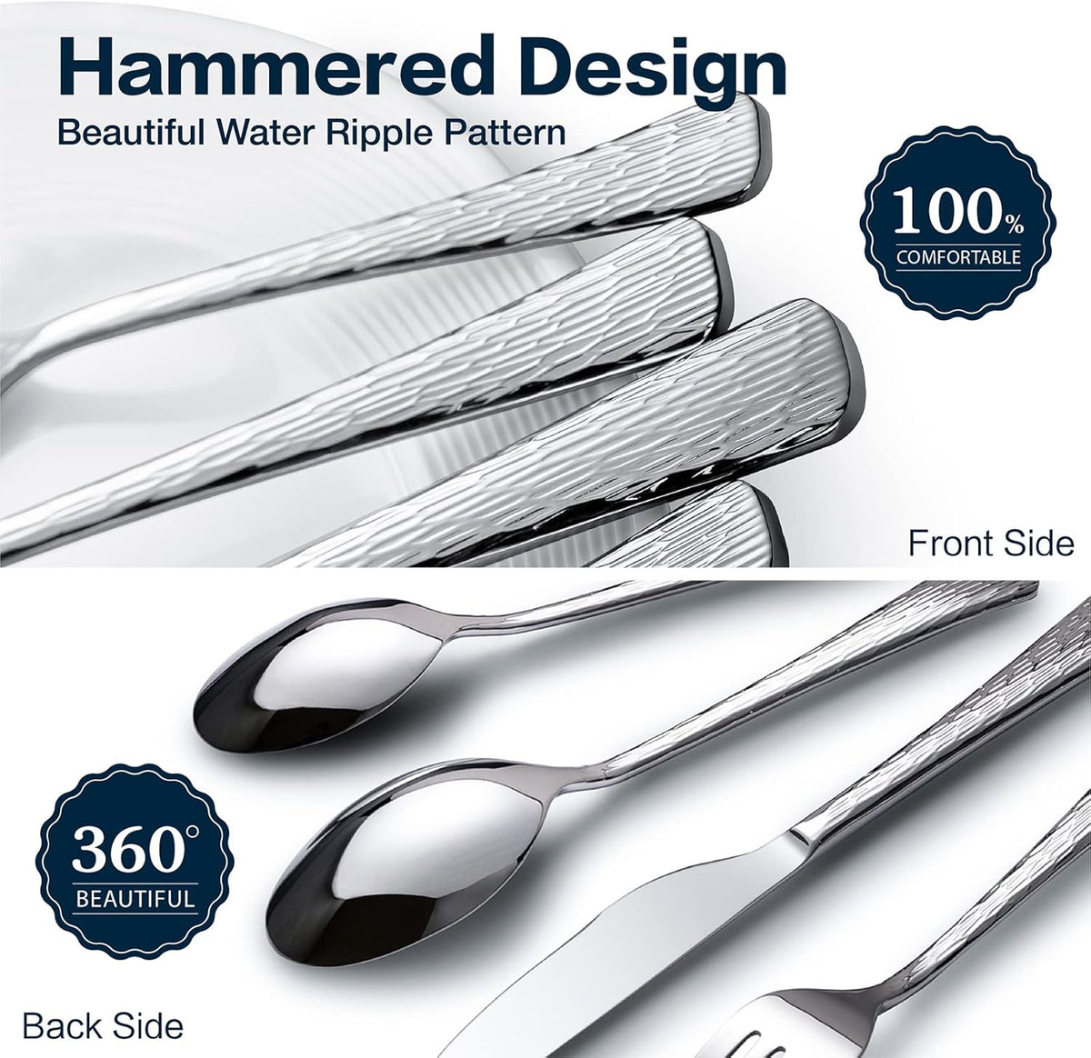 KINGSTONE Hammered Silverware Set, Flatware Set, 18/10 Stainless Steel Premium Cutlery with Unique Ripple Handles Design Mirror Polished - Dishwasher Safe (60-Piece)