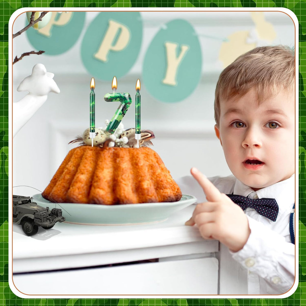 13 Pcs Camo Themed Birthday Candles 12 Army Themed Birthday Cake Candles and Number 7 Candle Cake Topper for Birthday Party Camouflage Motif Party Hunting Themed Party Decoration Supplies (Number 7)