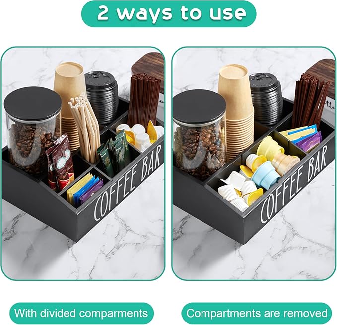ALELION Coffee Station Organizer for Countertop - 7 Compartments Coffee Bar Accessories and Organizer with Removable Dividers - Black Coffee and Tea Condiment Organizer