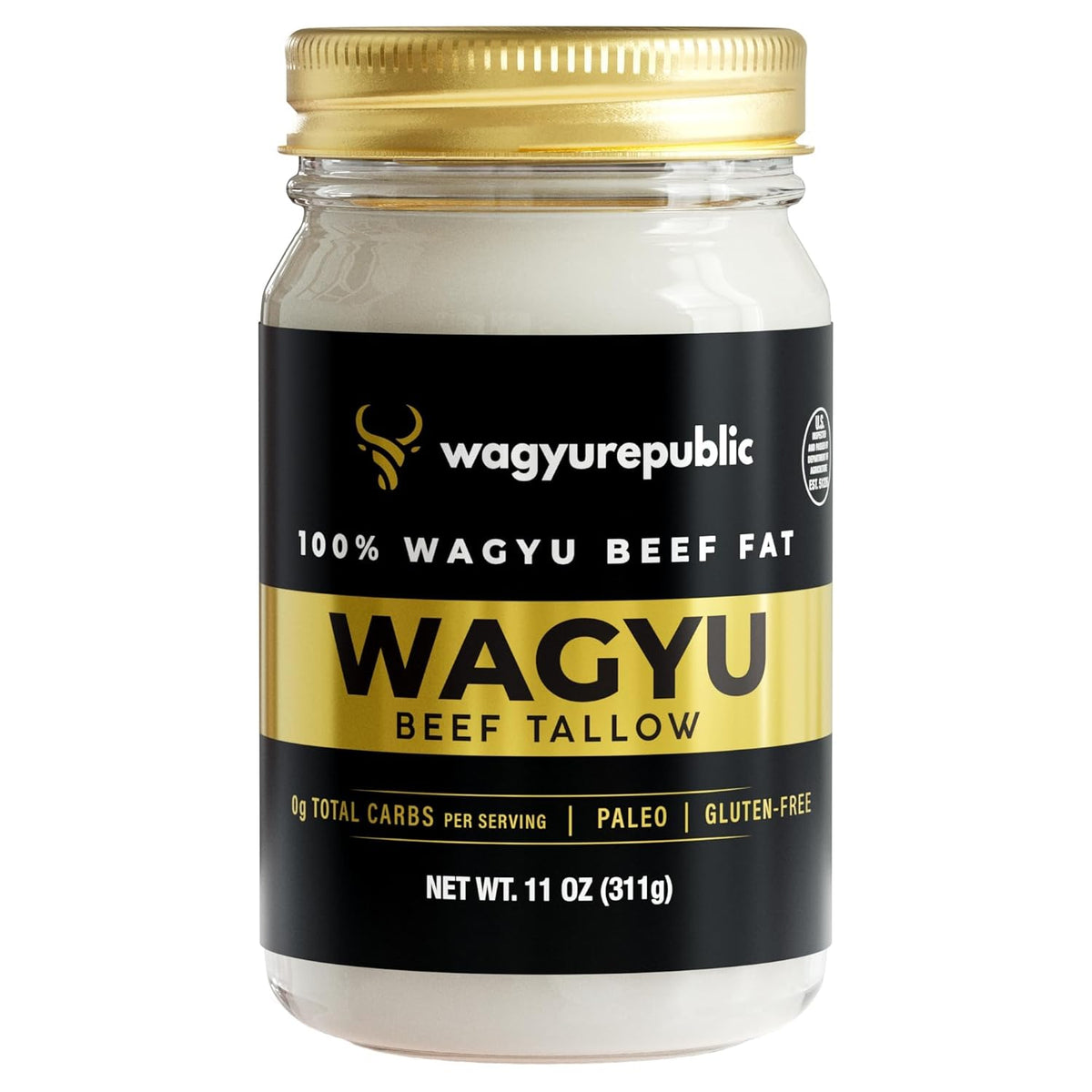Wagyu Republic Beef Tallow ⎸11oz Glass Jar, Grass Fed Wagyu Beef Tallow, Great for Cooking Steak or as Tallow Balm ⎸ Keto, Gluten Free Protein Snacks for Adults, Perfect for Whole 30 or Carnivore Diet