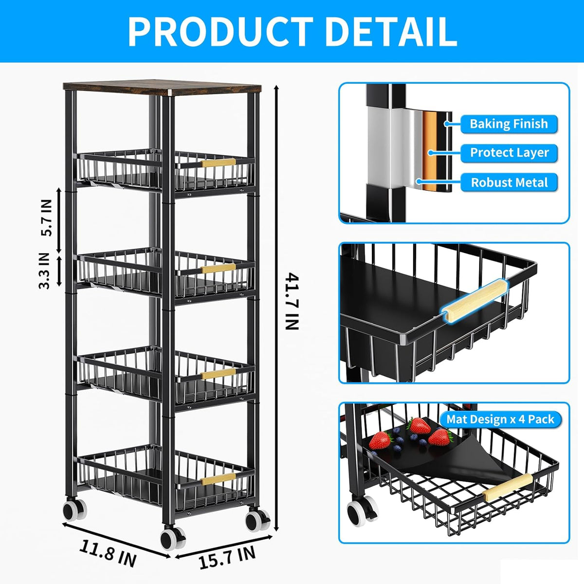 Fruit Vegetable Storage Basket for Kitchen, 5 Tier Large Pull-Out Metal Wire Baskets with 4 Pack Mats Bottom, Wood Top and Wheels, Vegetable Produce Bins Stand Cart Rack for Onions and Potatoes