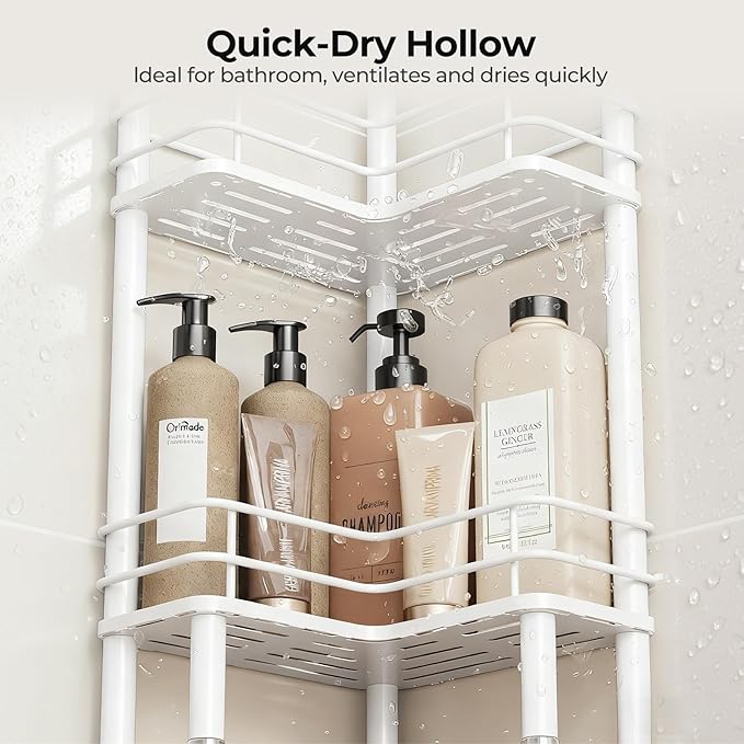 Orimade Rustproof 3 Tier Floor Standing Corner Shower Caddy Organizer with Toothbrush Holder, Large Spacing Floor Shower Shelf Rack Storage Stands with Hooks for Bathroom Kitchen, White