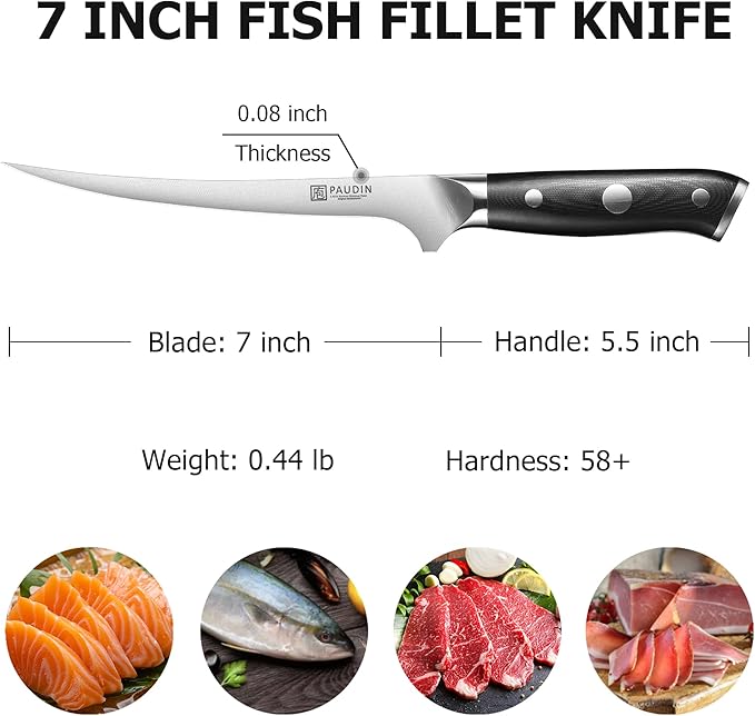 PAUDIN Fillet Knife, 7 Inch Boning Knife, High Carbon German Steel Fish Knife for Meat Cutting Trimming Deboning, Full Tang Ergonomic G10 Handle