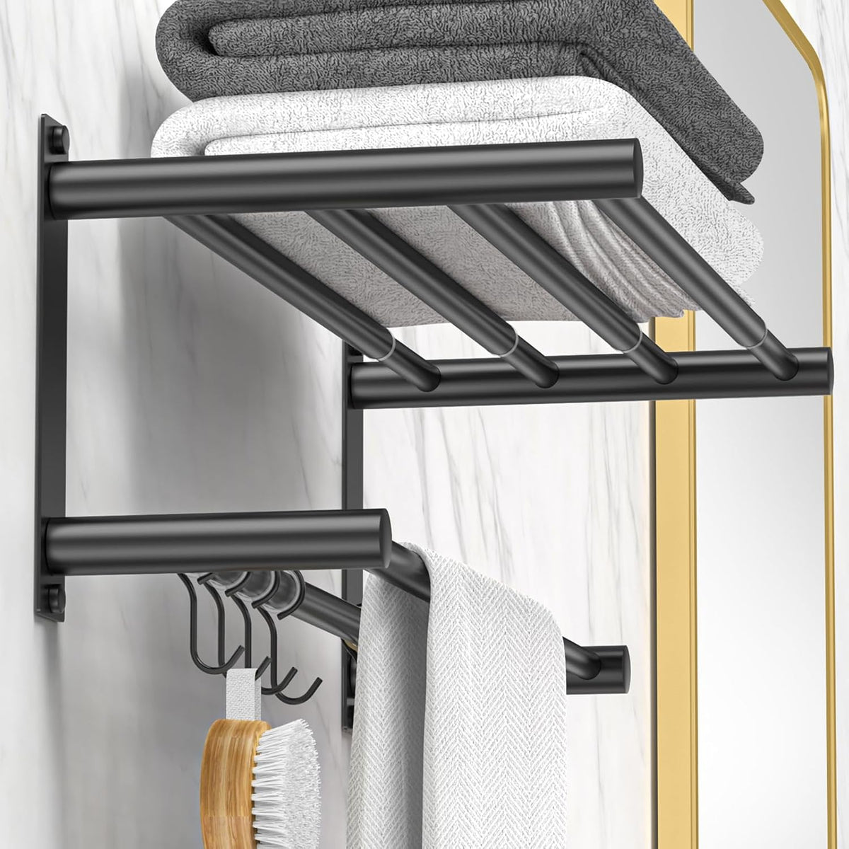 Adjustable Towel Bar for Bathroom Wall Mount17-30.7inch Adhesive Shower Towel Rack Stainless Steel Bath Towel Holders for Toilet Kitchen Double Towel Hanger (Black Mobile Hook Towel Rack)