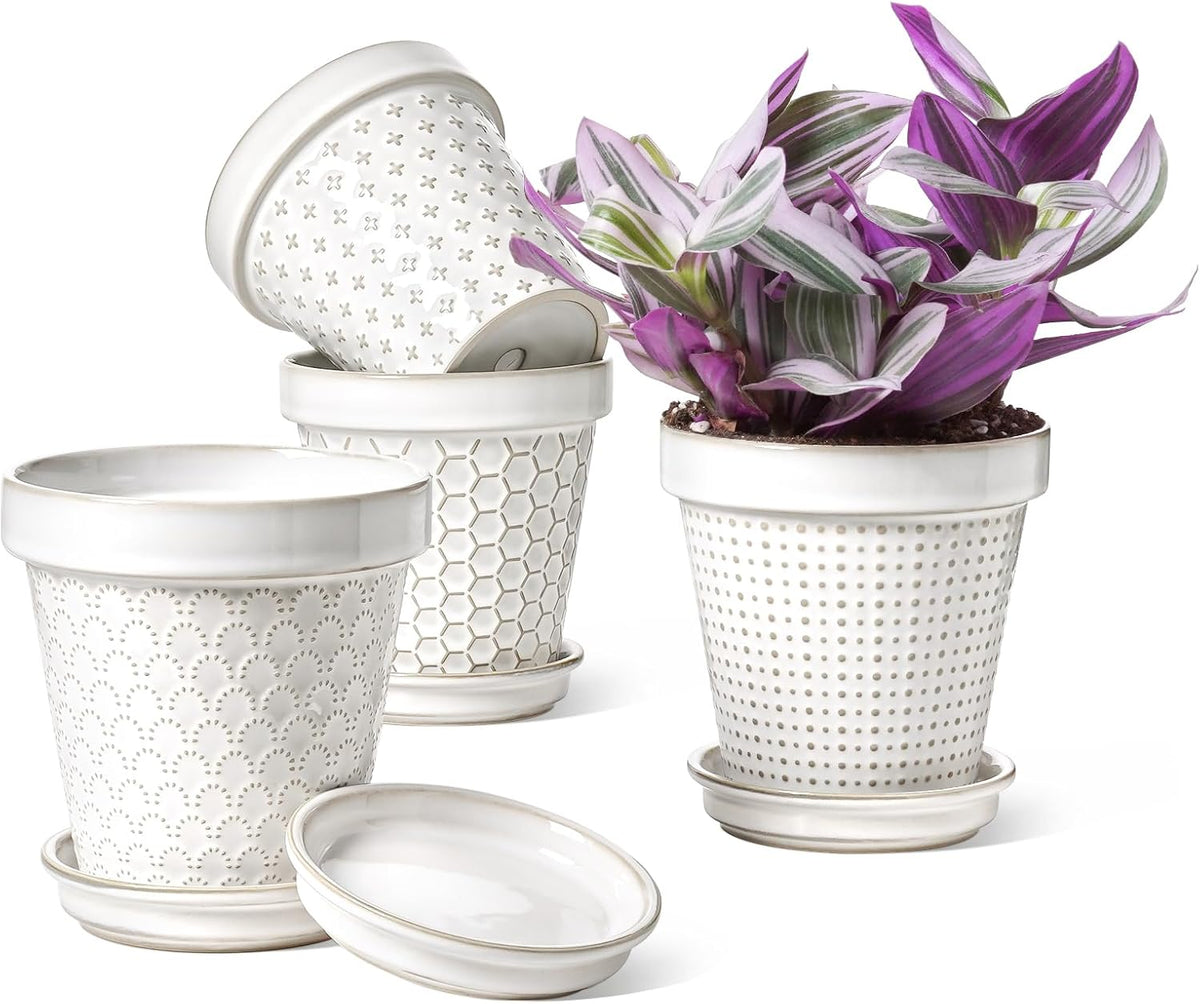 LE TAUCI Ceramic Plant Pots, 4.9 Inch Flower Pots with Drainage Hole & Saucer, Embossed Planter Pots for Indoor Plant Succulent, Orchid, Cactus, Home Decor - Set of 4, Arctic White