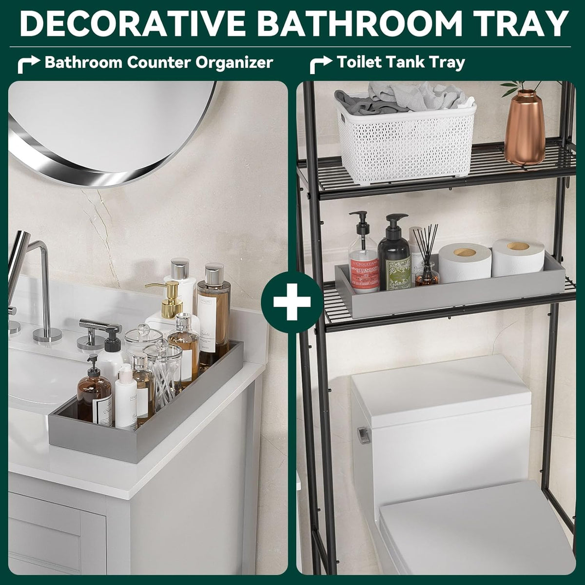Bamboo Drawer Organizer, Extra Large Silverware Organizer for Kitchen Drawer, Stackable Utensil Organizer, 2 Pcs Toilet Tank Topper Tray, Wooden Toilet Paper Basket (Silver, 17 X 6 X 2 Inch)