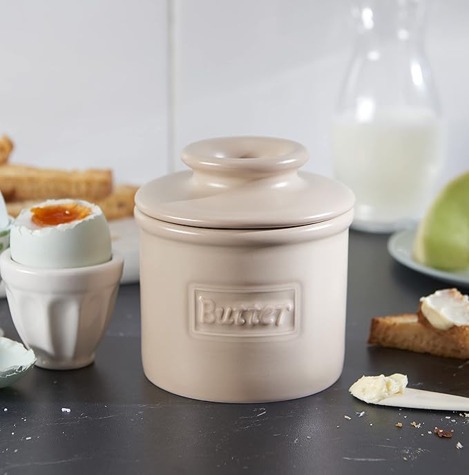 Butter Bell - The Original Butter Bell crock by L Tremain, a Countertop French Ceramic Butter Dish Keeper for Spreadable Butter, Café Matte Collection, Beige