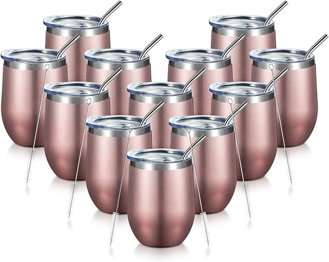 COMOOO Rose Gold Stainless Steel Wine Tumbler Bulk with Lid and Straw 12oz Double Wall Vacuum Insulated Travel Tumbler Cup for Coffee Wine Cocktails Ice Cream Cup Rose Gold, 12 pack