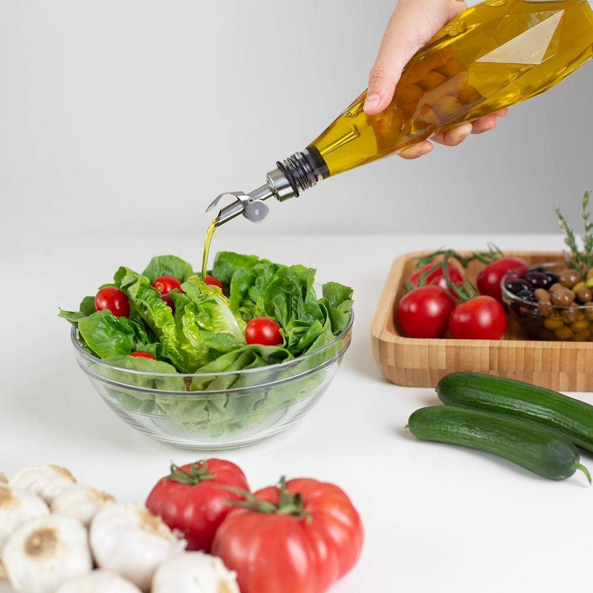 FYGO Diamond Lux Olive Oil Bottle Dispenser - Oil and Vinegar Container Set With Pourer and Funnel - Glass Bottle for Kitchen - 350ml - Set of 2