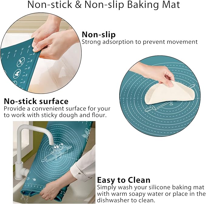 Silicone Pastry Mat 24" x 16" Extra Thick Non Stick Baking Mat with Measurements and Edge Heightening, Food Grade Silicone Rolling Mat for Pastry, Bread, Cookies, Pizza, Fondant, Pasta