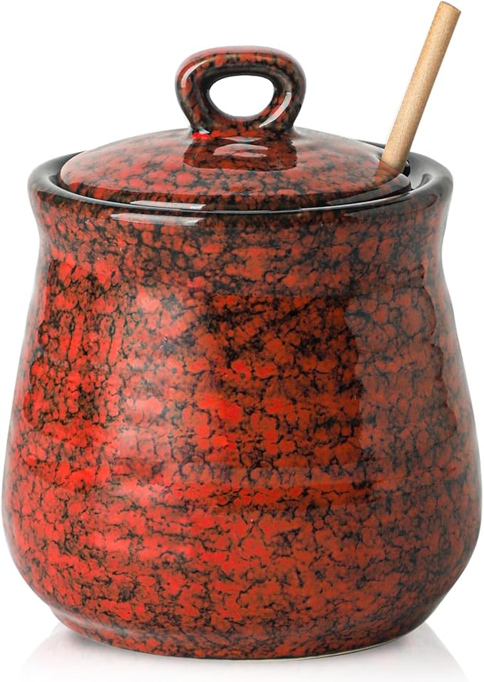 Hasense 12-Ounce Honey Jar with Lid and Wooden Dipper, Ceramic Honey-Dipper Stick and Jar Set, Red Small Honey-Container for Holiday Gift, Dishwasher Safe