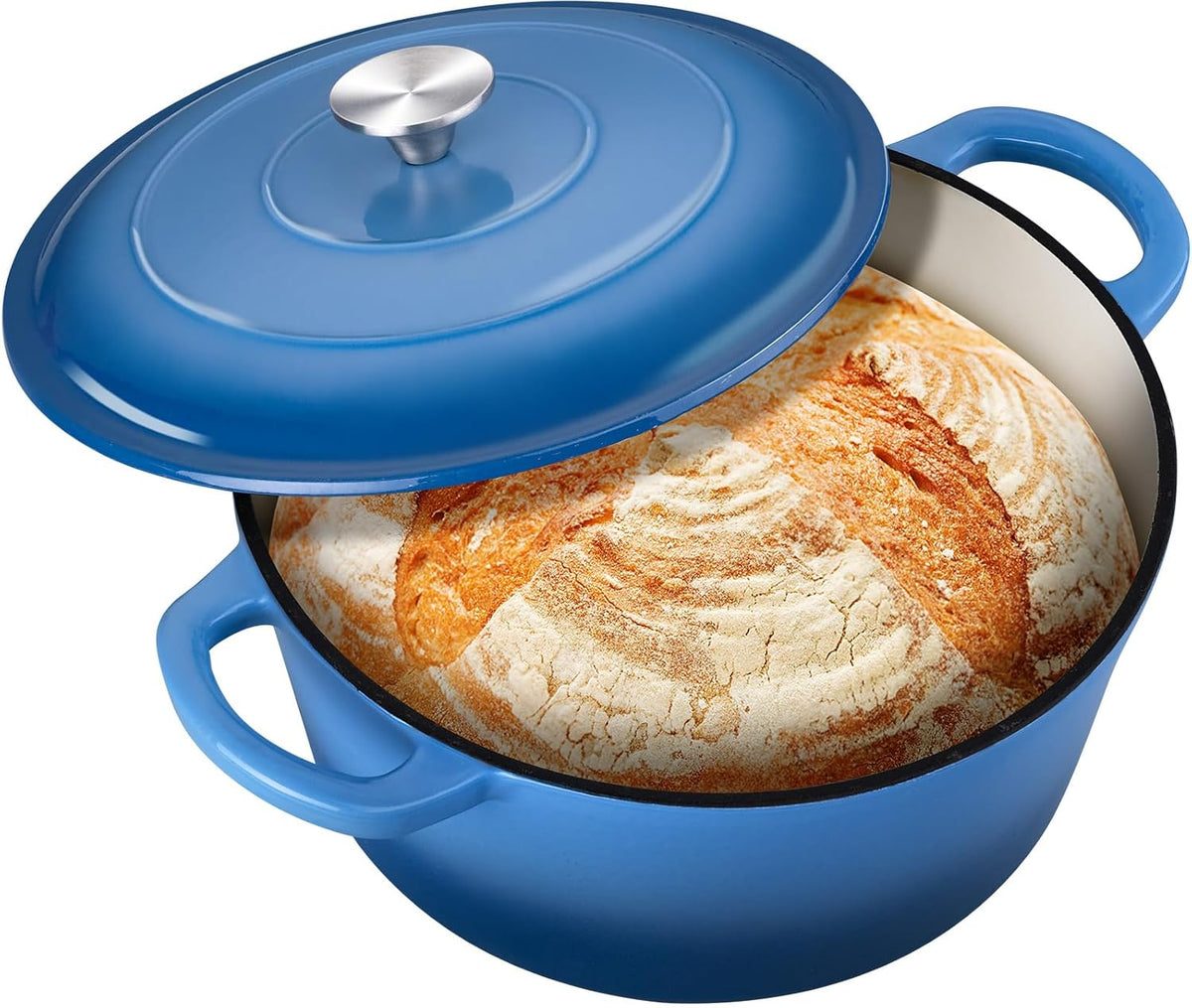6 Quart Round Dutch Oven with Lid, Leonyo 6QT Enameled Cast Iron Dutch Oven for Sourdough Bread Baking, Heavy Duty Cookware for Braising, Stews, Roasting, Blue