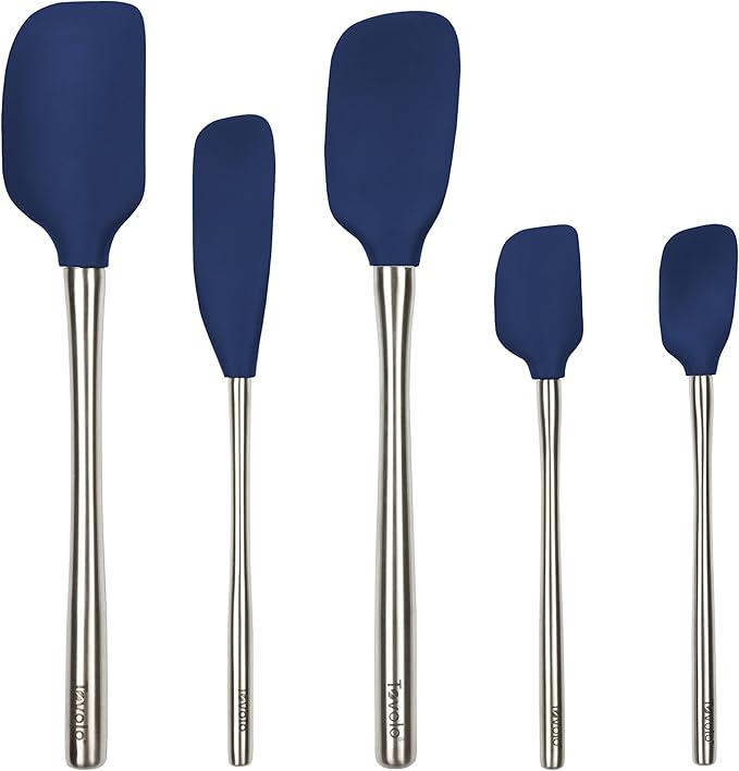 Tovolo Stainless Steel Handled Silicone Spatula Set of 5 Deep Indigo, Dishwasher Safe Kitchen Spatula Set for Cooking Baking, Non Toxic BPA Free Silicone Spatula set with Metal Steel Handle