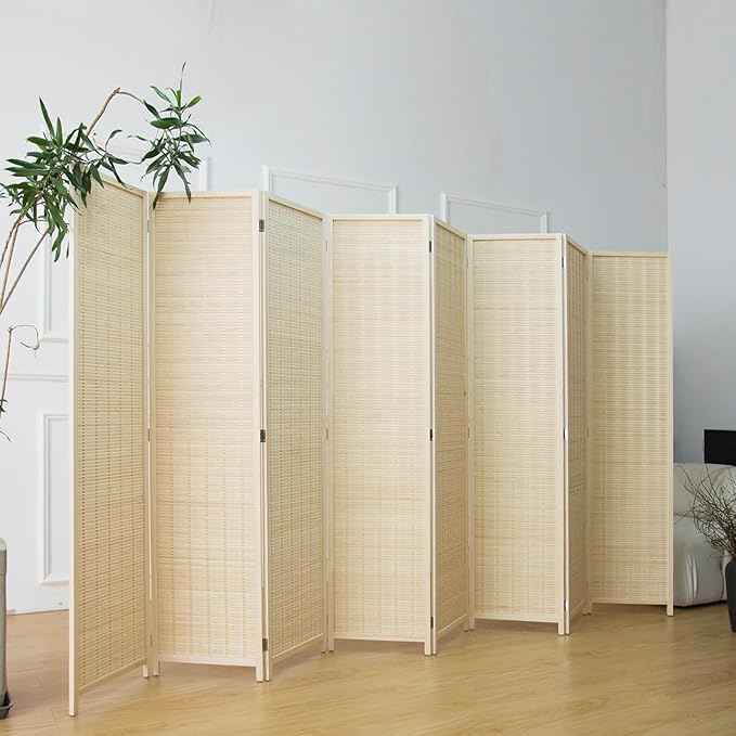 8 Panel Bamboo Room Divider - 5.6 ft Tall Folding Privacy Screen, Natural Beige Freestanding Partition Wall (67" x 122.8", 8-Panel)