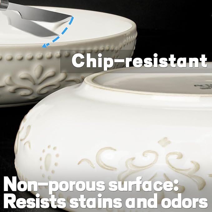 Artena Pasta Bowls, 50oz Large Salad Serving Bowls, 9.75'' Plates Bowls Set of 4, Big White Ceramic Soup Bowls for Kitchen, Embossment Shallow Dinner Bowl, Microwave Dishwasher Safe, Multiple Patterns