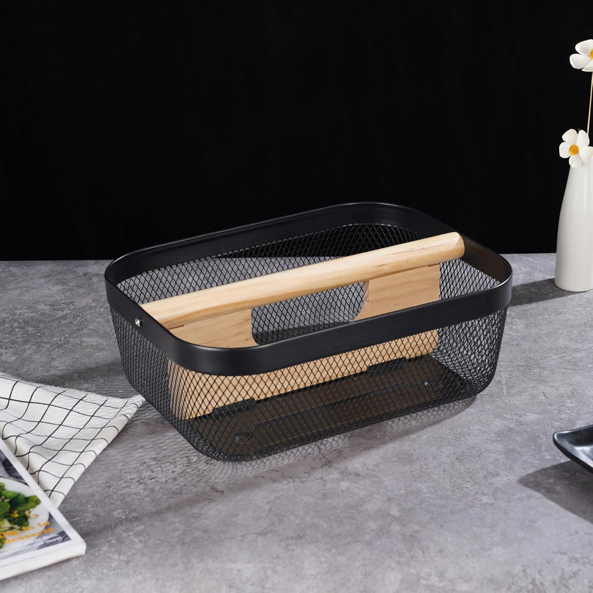Metal Mesh Steel Storage Basket, Garden Harvest Wire Organizer Basket Multi-functional Kitchen Fruit Basket with Wooden Removable Partition & Handle for Bathroom Picnic Decor Cabinet, Black