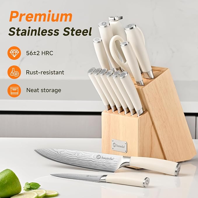 Sunnecko Knife Set with Block and Sharpener, 15 Piece Kitchen Knife Block Set Sharp Kitchen Knives High Carbon Stainless Steel with White Handles