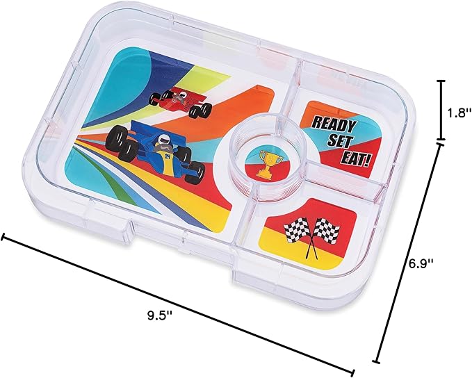 Yumbox Tapas 4-Compartment Bento Lunch Box, Large Size, Perfect for Sandwiches, Eco-friendly, Leakproof (Greenwich Green- Race Cars Tray)