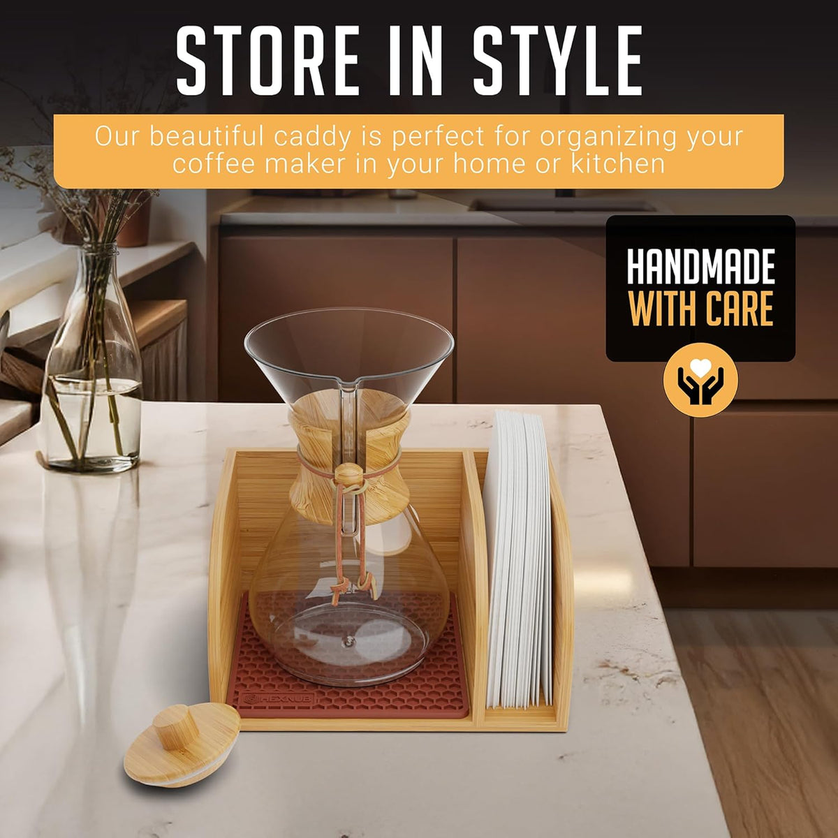HEXNUB Caddy and Lid for Pour Over Coffee Maker, Bamboo Stand fits Chemex, Bodum, Cosori Carafes, Heatproof Mat, Filter Holder for Drip Coffee Maker - Brown Mat