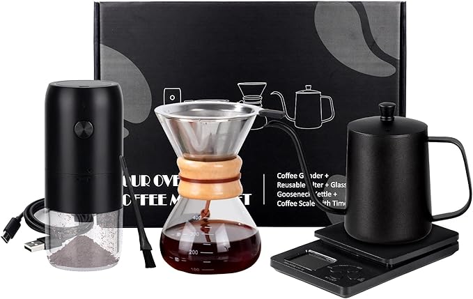SuperCook Pour Over Coffee Dripper Set, Hand Drip Coffee Maker Set, All in One Pour Over Kit with Electric Grinder, Coffee Dripper Set, Ideal for Anniversary Birthday Gift