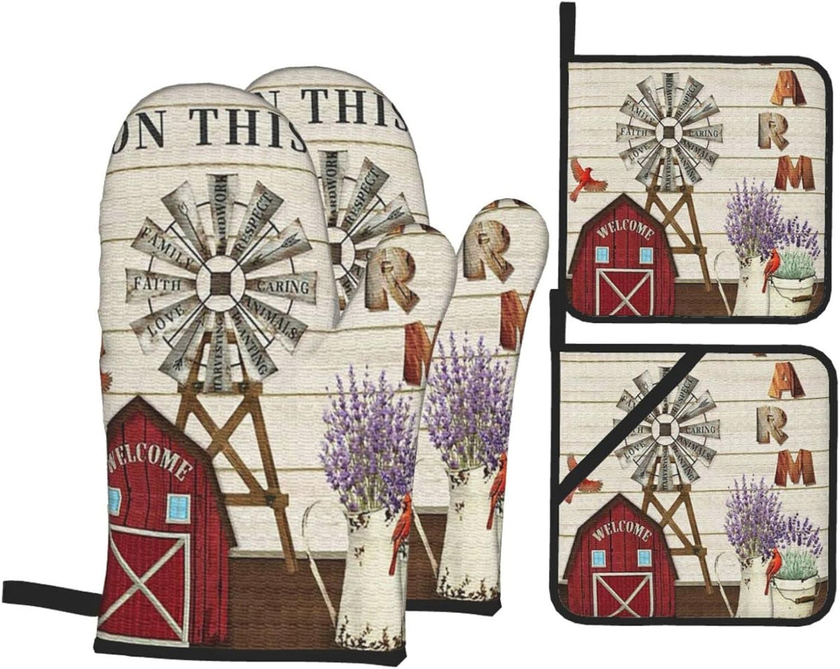 Oven Mitts and Pot Holders Sets of 4,Farmhouse Windmill and Barn House Lavender Cardinal Bird Country Style,Oven Mitts Heat Resistant Oven Gloves Set Potholders for Kitchen Baking Grilling
