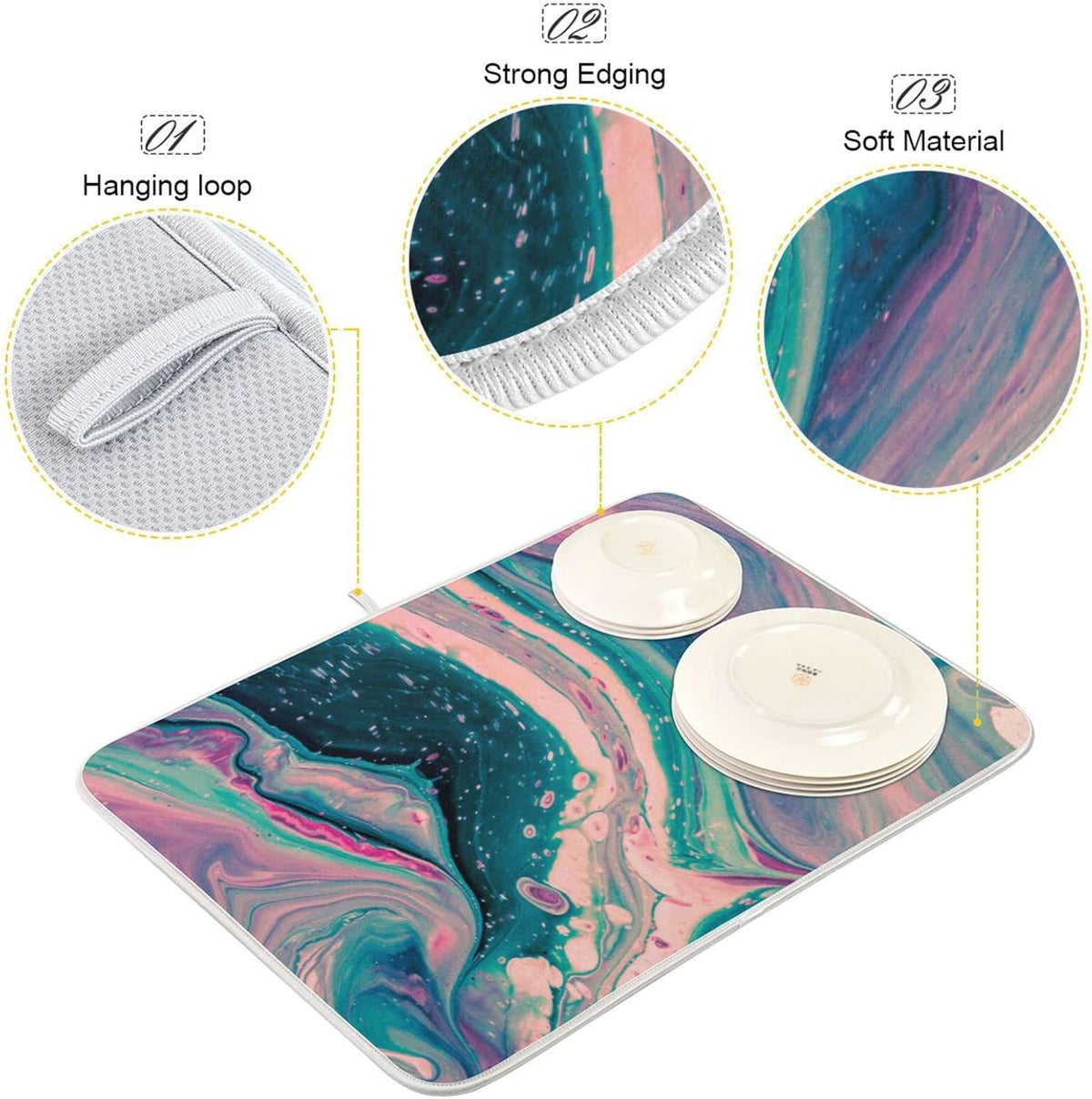 Super Absorbent Dish Drying Mat, Microfiber Fast-Drying Dish Mat, 16" x 18", Kitchen Dish Drying Pad, Marble Pink Green