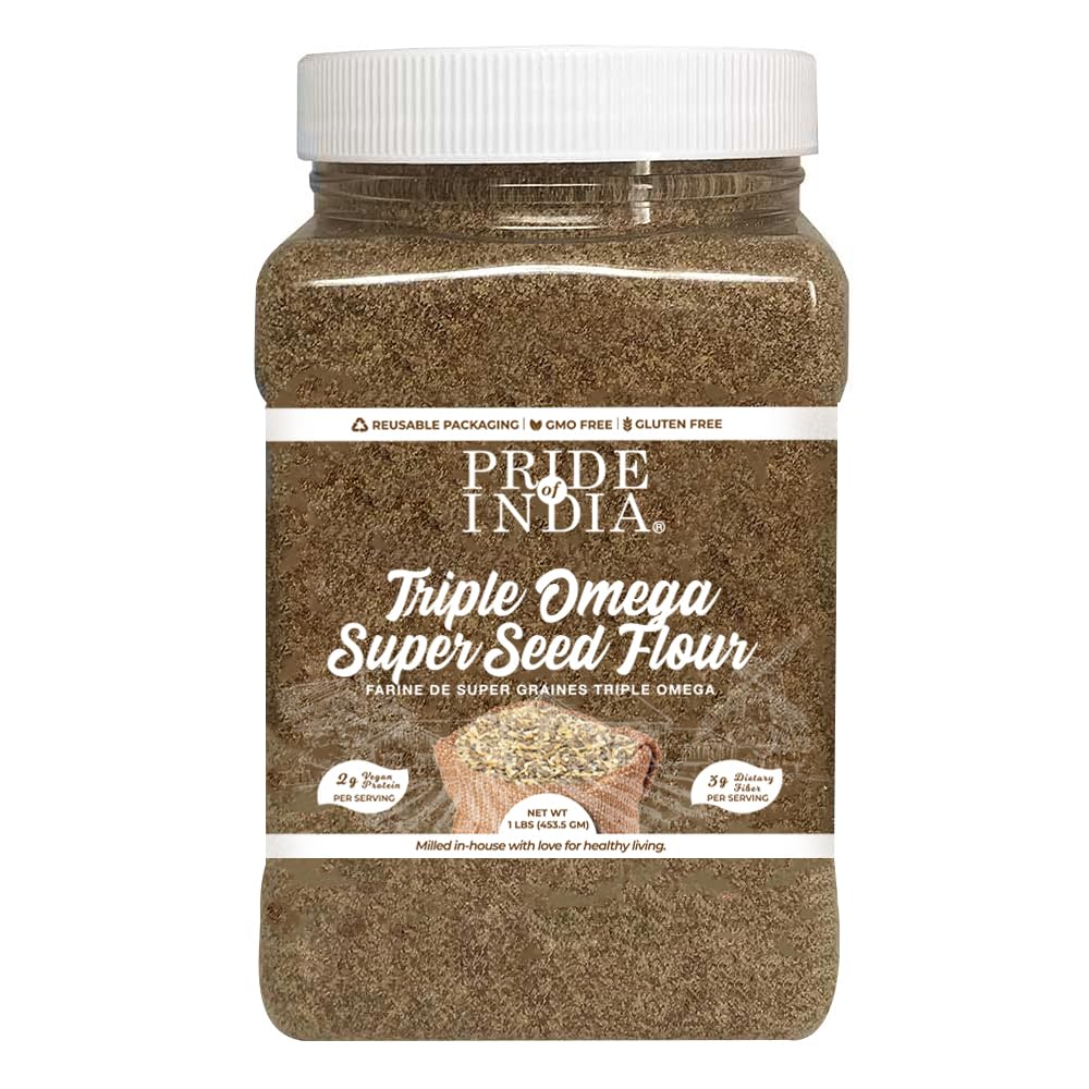 Pride of India- Triple Omega Superseed Flour 1 lbs (454 gm) Nutty Earthy Taste Milled in Small Batches | Chia Flax Sesame Seed mix | Ideal for Muffins Smoothies Oatmeal Pudding | Vegan, Gluten-Free