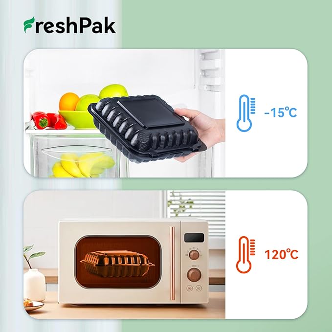 Takeout Containers Mineral Filled PP - 55 Pack 8x8 34 oz Shrink Wrap BPA Free Plastic | Stackable Meal Prep Clamshell Food Container | Reusable Microwave Safe Leftovers | Catering Lunch Box
