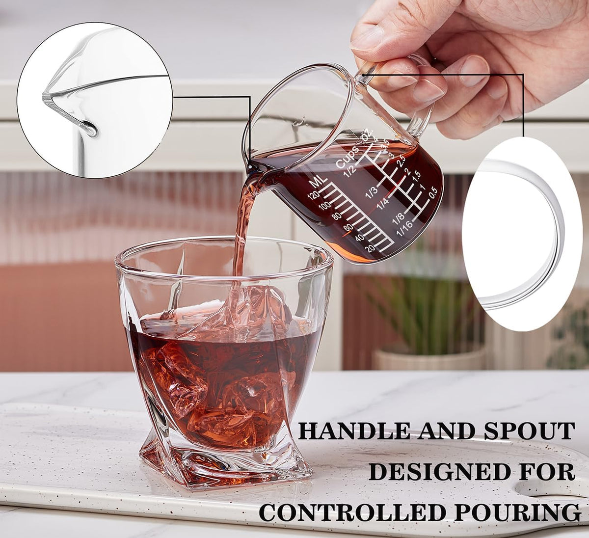Ackers Etching Scale Measuring Glass -[Insulated handle | V-Shaped Spout]-Made of High Borosilicate Glass Measuring for Kitchen or Restaurant, Easy to Read, 120 ML (4 Oz)