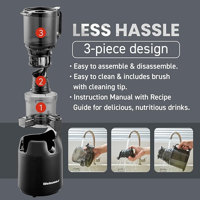 Elite Gourmet EJX320 Big Mouth Whole Fruit 5.2” Self-Feeding Chute, Cold Press Masticating Slow Juice Extractor, Hands-Free, Less Prep, Easy to Clean, Impact Resistant BPA Free Tritan, Black