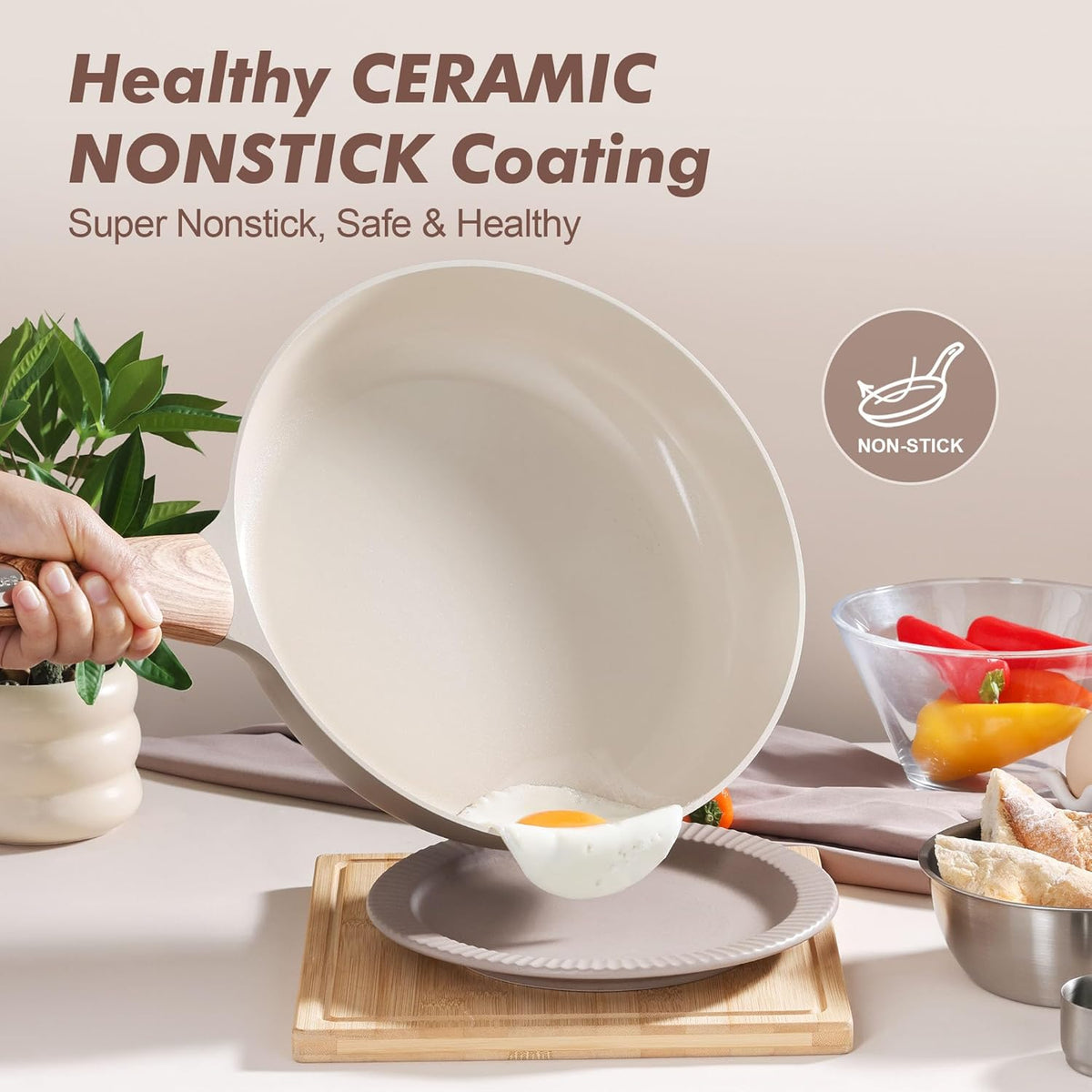 SENSARTE Ceramic Nonstick Frying Pan Skillet 11Inch Non Stick Omelette Pans, Non-toxic Healthy Kitchen Cooking Chef's Pan, Free of Intentionally Added PFOA/PFAS/PTFE, Induction Compatible, Taupe