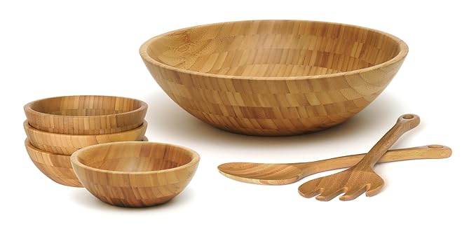Lipper International Bamboo Wood Salad Bowls with Server Utensils, 7-Piece Set, Assorted Sizes