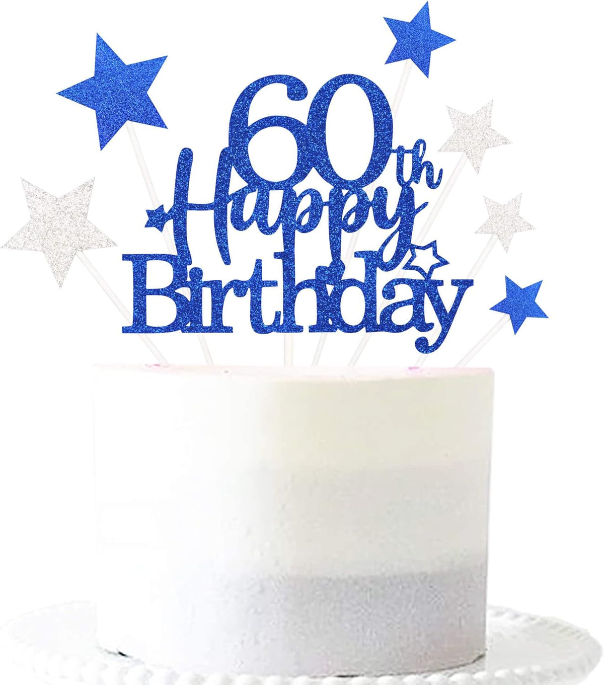 Glittery 60th Happy Birthday Cake Topper with Star,Personalised 60 Birthday Cake Toppers Party Decorations Party Supplies for Men Women Blue