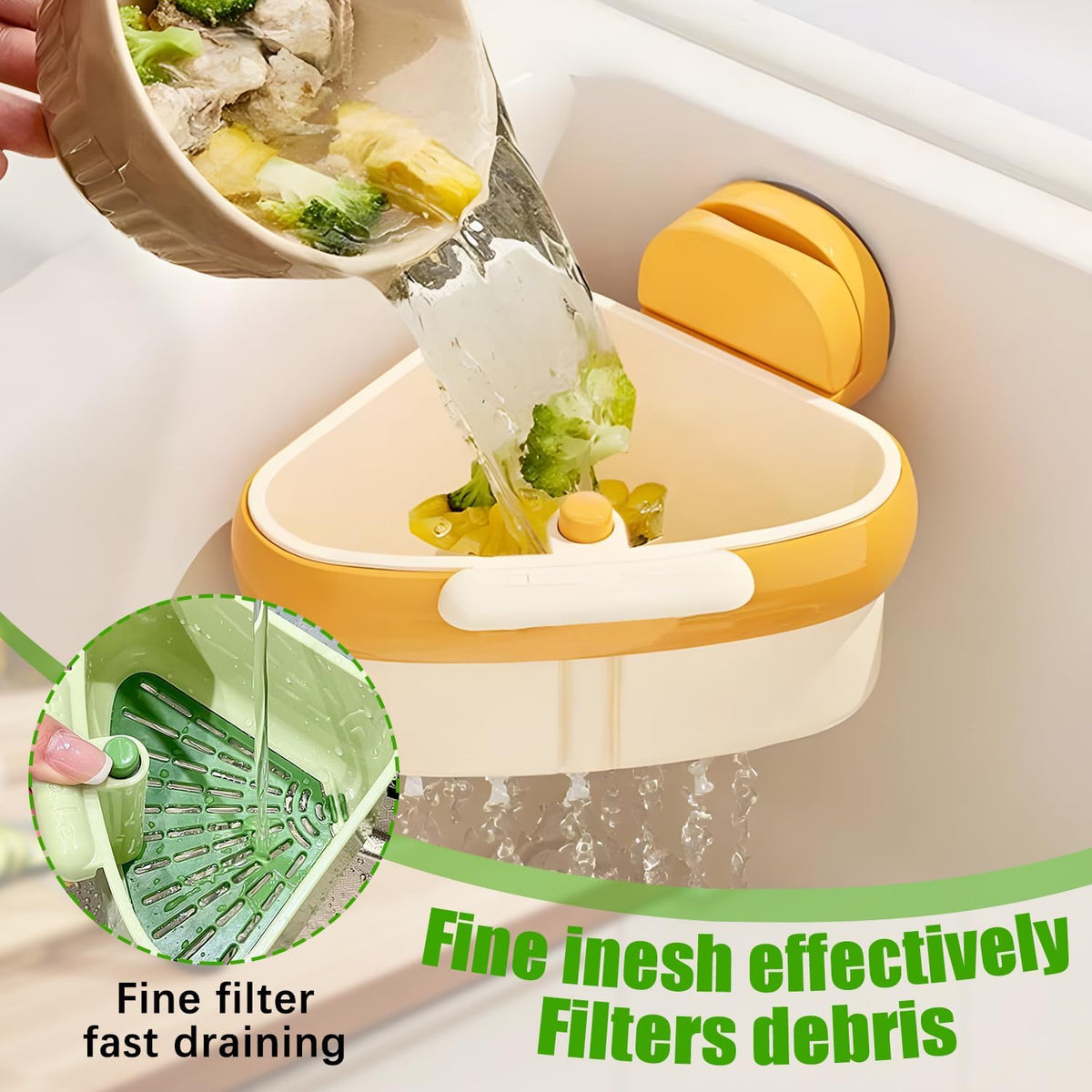 Sink Strainer Basket,2025 New Upgraded Suction Cup Press Sink Drainer Basket,Suction Cup Corner Rack,Corner Trash Catcher for Food Waste,Faucet Sponge Storage Rack (Orange)