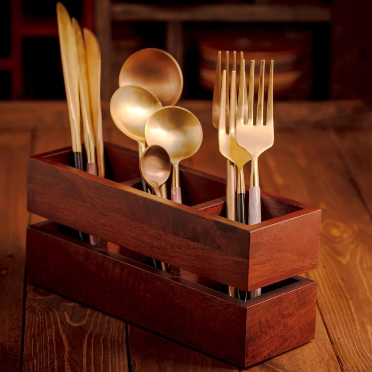 Brick Brown Premium Handcrafted 3-Partition Wooden Cutlery Holder Storage Spoon, Knife, Fork, Chopstick Caddy Self Organizer Stand for Home Kitchen Tableware Restaurant in Mahogany(9.1x3x3.9Inch)