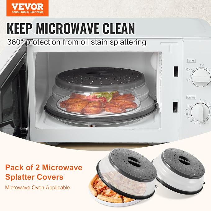 VEVOR Microwave Splatter Covers, 2 Pack 10.4" Collapsible Microwave Lid for Food, 300°F Heat-Resistant PP Splatter Guard for Plate Dish, Multi-Use Kitchen Colander Gadget for Washing Fruits Vegetables