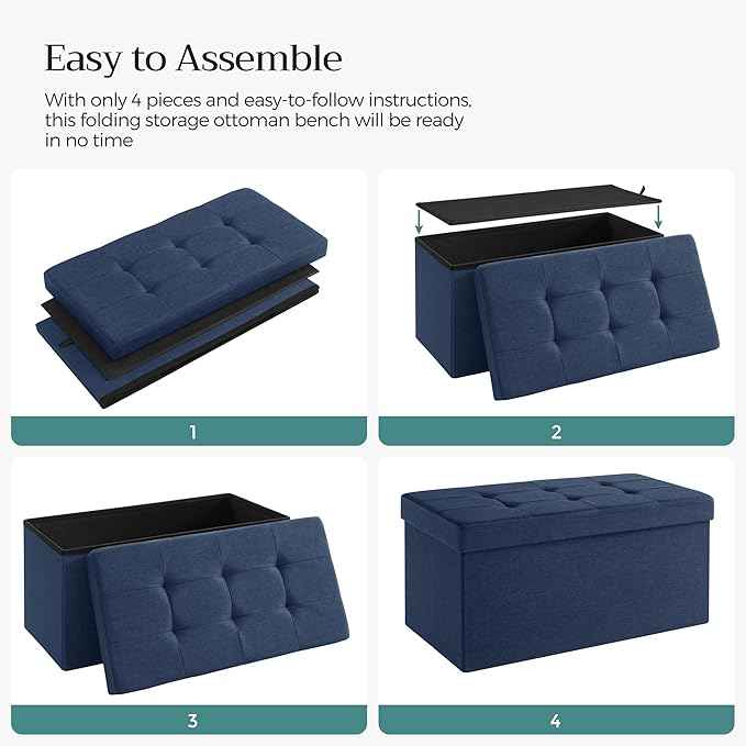 SONGMICS MAZIE Collection - 30 Inches Folding Storage Ottoman Bench, Ottoman Foot Rest, End of Bed Bench, Storage Chest, Load 660 lb, for Living Room, Bedroom, Entryway, Midnight Blue ULSF47IN