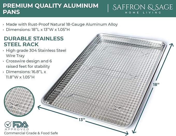 Commercial Quality Cookie Sheet and Rack - Aluminum Half Sheet Baking Pan and Stainless Steel Cooling Rack Set 13x18 Rust & Warp Resistant, Heavy Duty