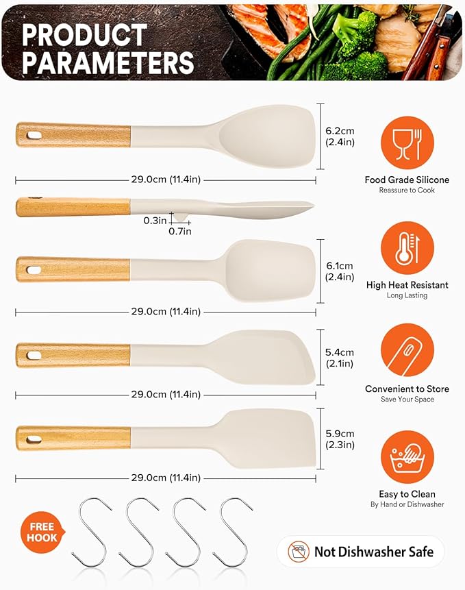 Silicone Spatula Spoon Set, Great for Mixing, Folding, Scraping, and Spreading, Sturdy BPA-Free Matte Silicone, Wooden Handle Rubber Spoonula for Nonstick Cookwares,4 Pack (KHAKI)