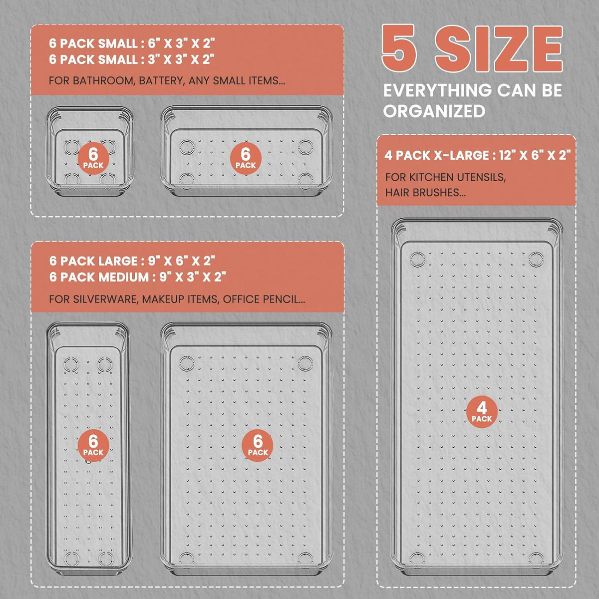 Large Clear Plastic Drawer Organizer 28 Pack - 5 Sizes (XL to small) Acrylic Drawer Organizer Trays for Kitchen Utensils, Gadgets, Bathroom, Vanity and Makeup, Office - Everything Can Be Organized!