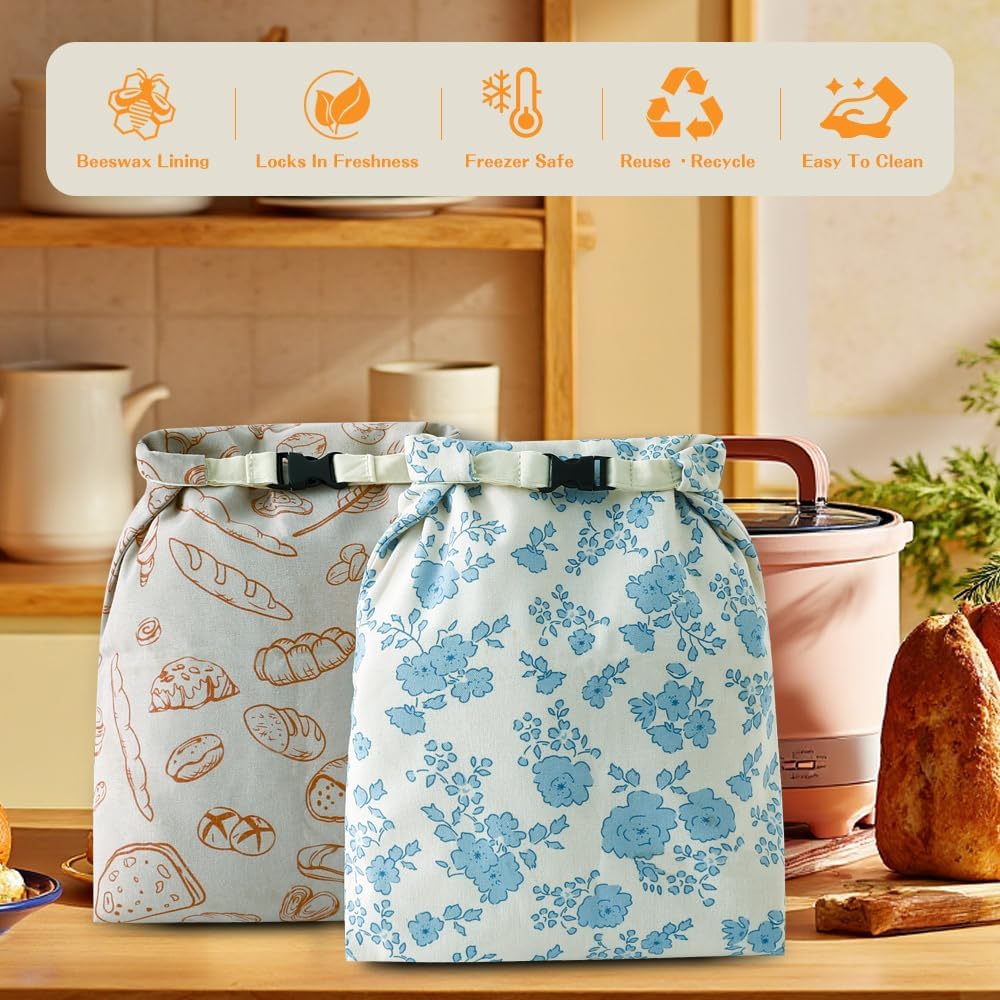 Bread Bags for Homemade bread,2 Pack Sourdough Bread Bags,Beeswax Bread Bags for Bourdough,Reusable Bread Storage