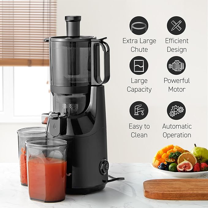 Elite Gourmet EJX320 Big Mouth Whole Fruit 5.2” Self-Feeding Chute, Cold Press Masticating Slow Juice Extractor, Hands-Free, Less Prep, Easy to Clean, Impact Resistant BPA Free Tritan, Black