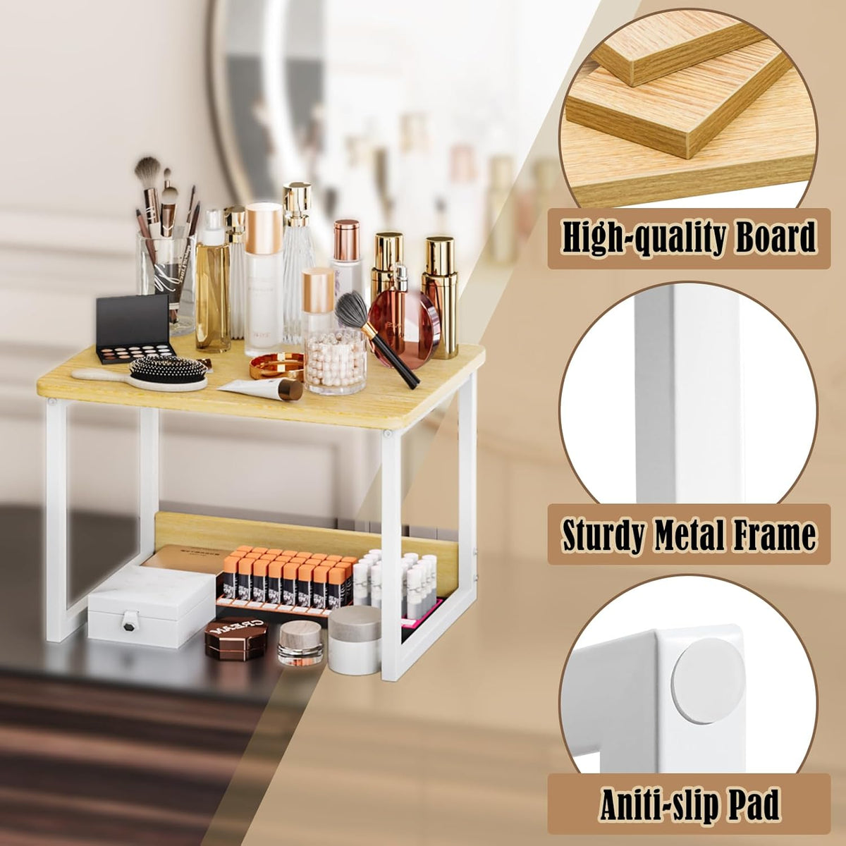 MARTY Kitchen Countertop Organizer Cabinet Shelf, 17x12.4 Large Spice Racks Counter Shelf Microwave Oven Rack Desktop Storage Organization for Kitchen, Office, Metal & Wood, Maple