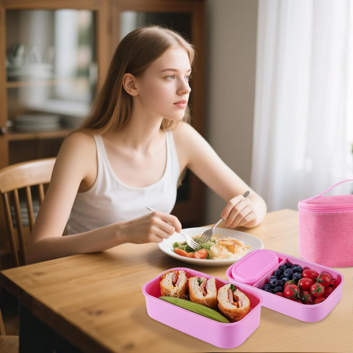 Lunchneo bento box for adults, separate for men and women, set of utensils and dipping containers, cute Japanese bento box, microwave heatable(Pink)