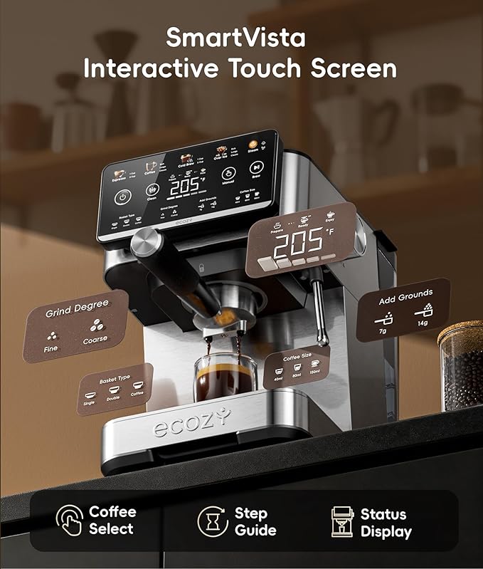 ecozy 4-in-1 Espresso Machine and Coffee Maker Combo with Milk Frother, All in One with Cold Brew & Over Ice, Interactive Touch Screen, Brezzano Elite Series for Cappuccinos, Lattes, Americanos
