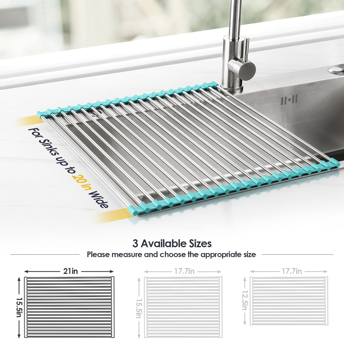 Tomorotec 21" x 15.5" Roll Up Dish Drying Rack Over Sink Drying Rack Sink Cover Kitchen Sink Accessories Gadget Multipurpose Organizer Foldable Stainless Steel Drainer