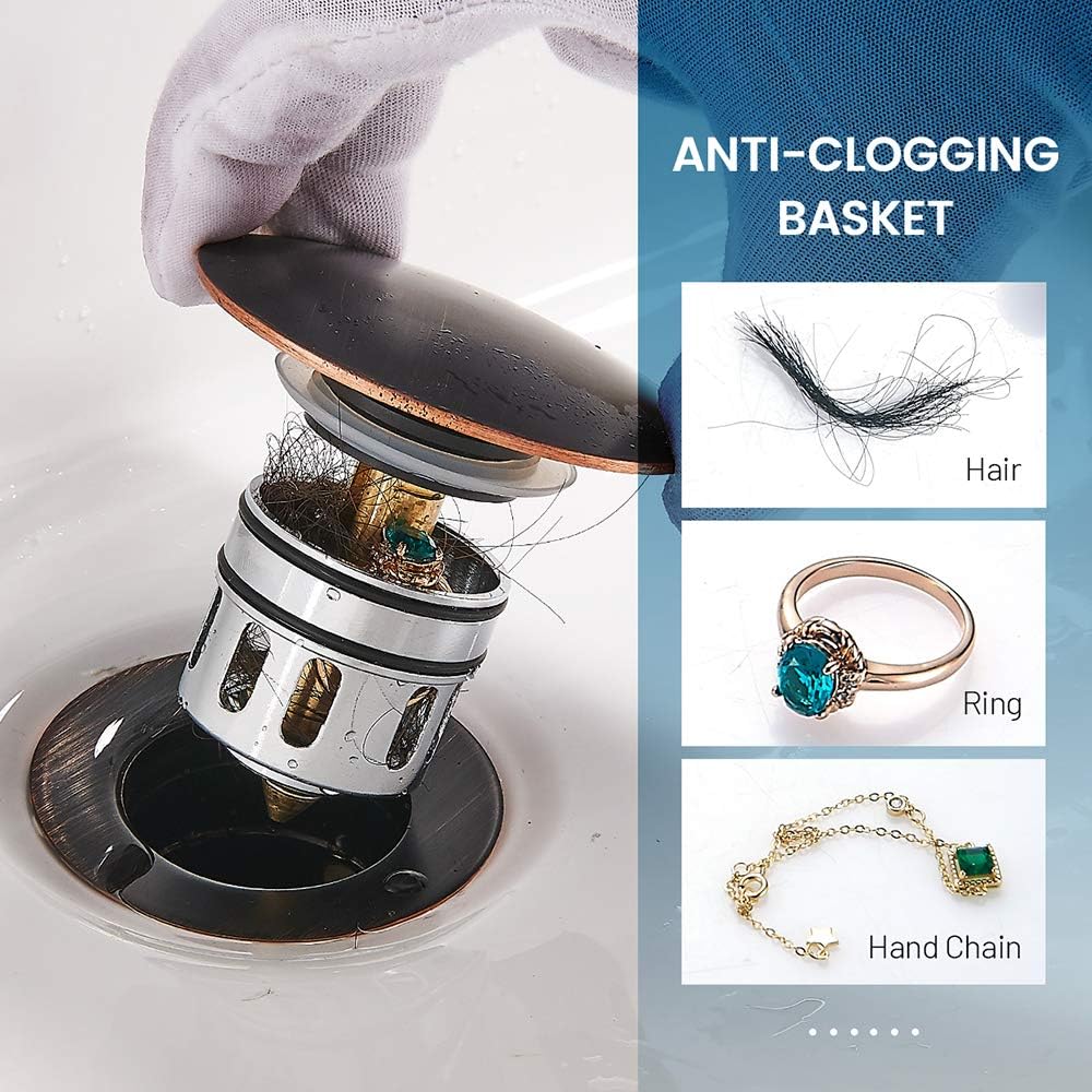 Bathroom Sink Drain, Vessel Sink Pop Up Drain with Detachable Basket Stopper,Anti-Explosion and Anti-Clogging Drain Strainer, Sink Drain Assembly Without Overflow Oil Rubbed Bronze, REGALMIX RWF082C