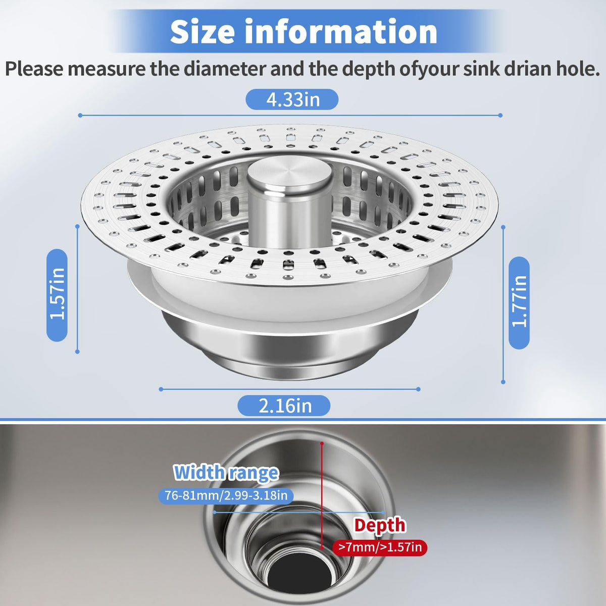 Upgraded 3 in 1 Kitchen Sink Drain Filter - Stainless Steel Sink Stopper, Anti-Clogging Sink Food Catch Basket, Quick Drain Odor Filter Sink Stopper(Silver-2pcs)