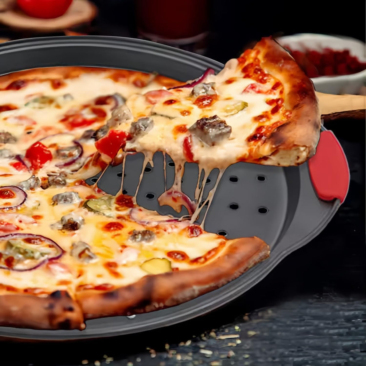 13 Inch Pizza Pan for Oven, Round Pizza Pan with Holes - Non-Stick Carbon Steel Pizza Tray with Silicone Handles - for Cooking, Baking, and Grilling - Dishwasher Safe