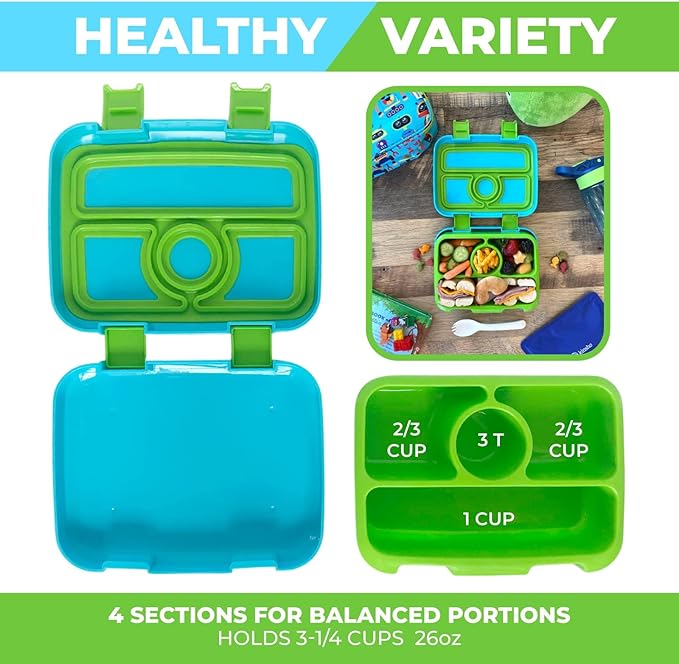 kinsho Bento Lunch Box for Kids Toddlers Boys, 4 Portion Sections Secure, BPA Free Removable Tray, Pre-School Kid Daycare Lunches Snack Container, Green Robot Ages 3 to 5